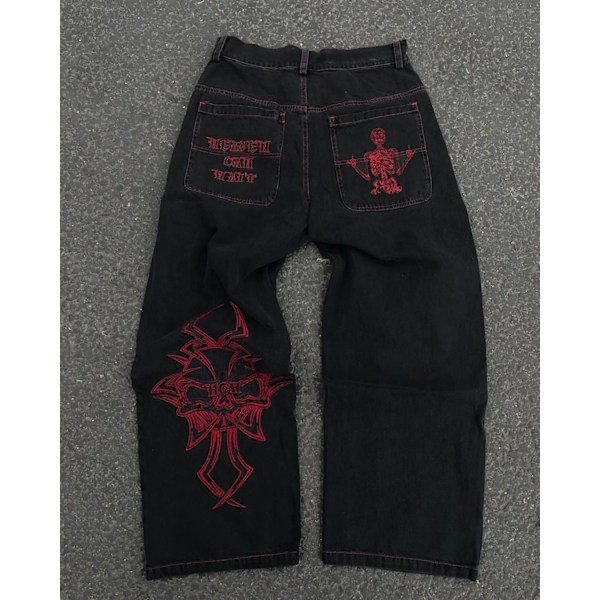 Y2k Jeans Men Hip Hop Retro Skull Broderier Tvättade Baggy Denim Byxor Nya Rakt Casual Loose Bred Benet Byxor Streetkläder 1 M