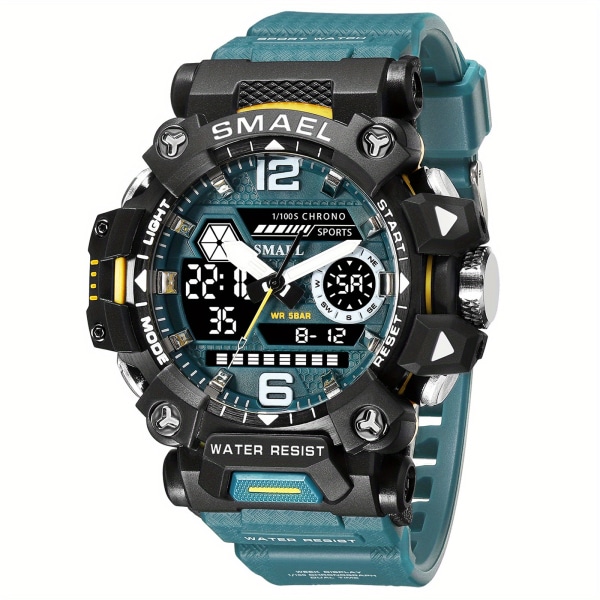 SMAEL Toppmärke Herrklockor Dual Display Quartz Watch för män Vattentät Sport Militär Armbandsur Led Digital klocka Dark Green