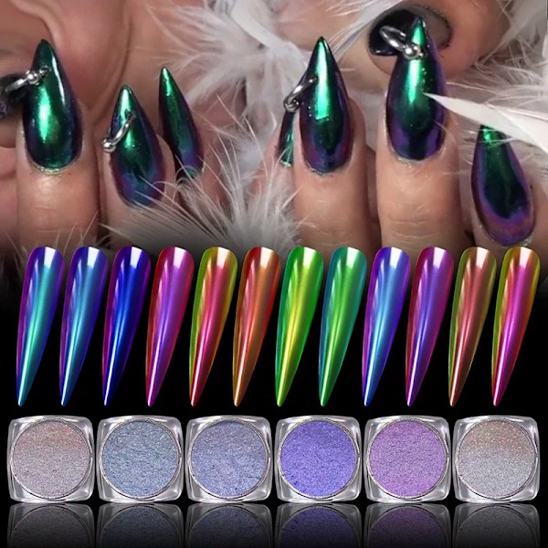 Magiskt Spegelpulver Kameleont Polariserande Nagelglitter Högbelysning Diamant Holografisk Nagelkonst Pigment DIY UV Gel Manikyr Damm 08