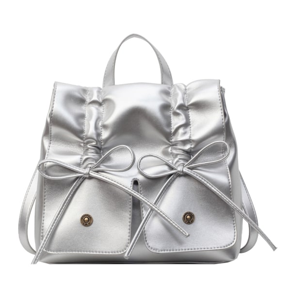 Korean Version Bow Backpack Female 2024 Spring/Summer New Fold All-Match Handbag Leisure Large Capacity Shoulder Bag Silver