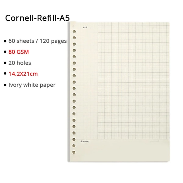Lösblad anteckningsbok A5/B5/A4 Ringpärm Mejeripapper Refill 60 ark för mapp Skolmaterial Planerare Tillbehör Brevpapper Cornell refill A5