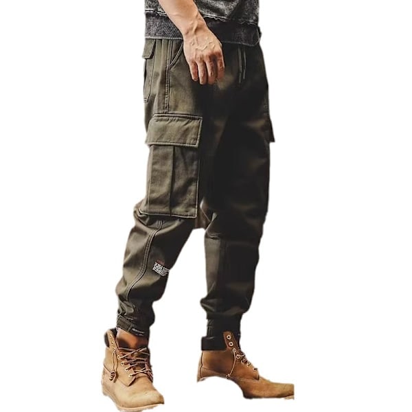 Retro Overalls Mænds Efterår Og Vinter Tyk Løs Ankel Bånd Bukser Multi-Pocket Slid-Resistente Arbejde Casual Bukser Forår Og Efterår. Green M