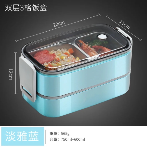 304 stainless steel lunch box for Adults Kids School Office 1/2 Layers Microwavable portable Grids bento Food Storage Containers double layer blue