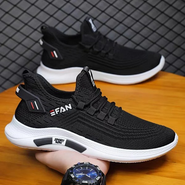 Trendige Lettevægts Lejligheder Man Tennis Sneakers Udendørs Løb Fitness Sko Zapatillas Hombre Åndbare Mænd Sko black 44