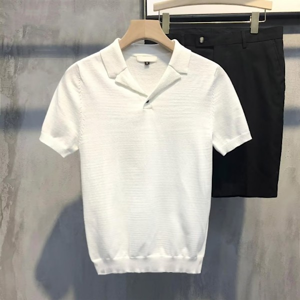 2023 Sommer Ny Mænds Bluser Krave Solid Farve Strikket Polo Skjorte Britisk Slim-Fit Kortærmet Casual Retro T-shirt White XXL