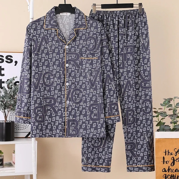 Ny Mäns Pyjamas Set Lång Ärm Loss-Fit Våren Höst-Liknande Bomullstyg Lämplig För Ytterkläder 56-5 dark gray L