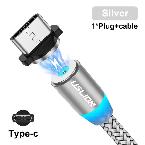 Magnetisk USB kabel för iPhone 14 13 Xiaomi Samsung Type C-kabel LED Snabbladdning Dataladdning Micro USB -kabel sladd Silver For Type C 2m