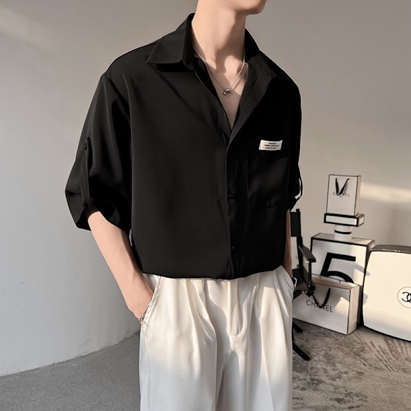 2024 Sommar Tunn Is Silk Kort Ärm Skjorta Casual Två Stycken Kostym Mäns Hong Kong Style Plus Storlek Sommar Klota Hälften Ärmskjort Black XXXL