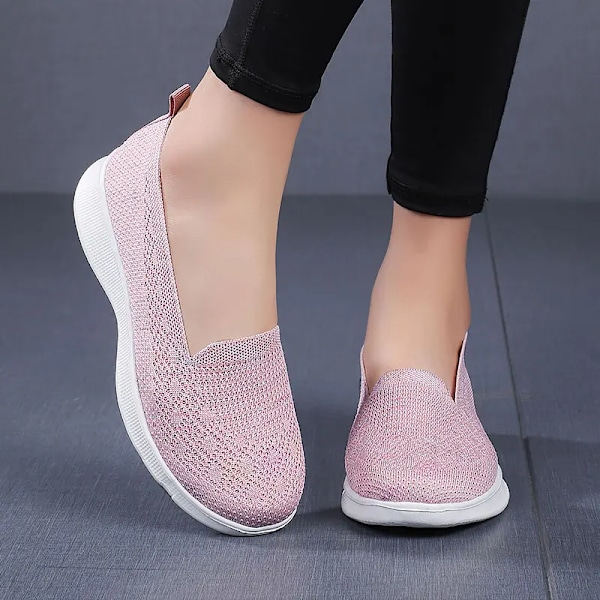 Kvinnor Walking Tränare Skor Mesh Sport Andningsbara Lätta Flats Mjuka Sole Casual Stickade Sneakers Pink 42