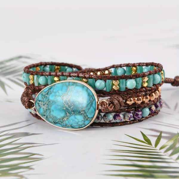 Boho Style Wrap Armband Handgjorda PU Läder Turkos Beads Armband Smycken Present