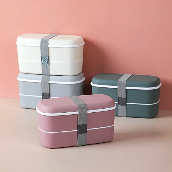 Plast Dubbellagers Bento Box Förseglad Läcksäker Mat Förvaringsbehållare Mikrovågsugn Bärbar Picknick Skola Kontor Matlåda Grey