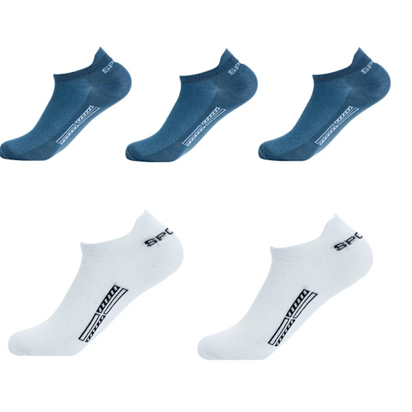 5 Par / Lot Høj Kvalitet Mænd Ankel Strømper Åndbar Bomuld Sport Mesh Casual Atlet Sommer Tynd Cut Cut Short Sokken Socken Plus Størrelse 3 blue 2 white EU 38-43