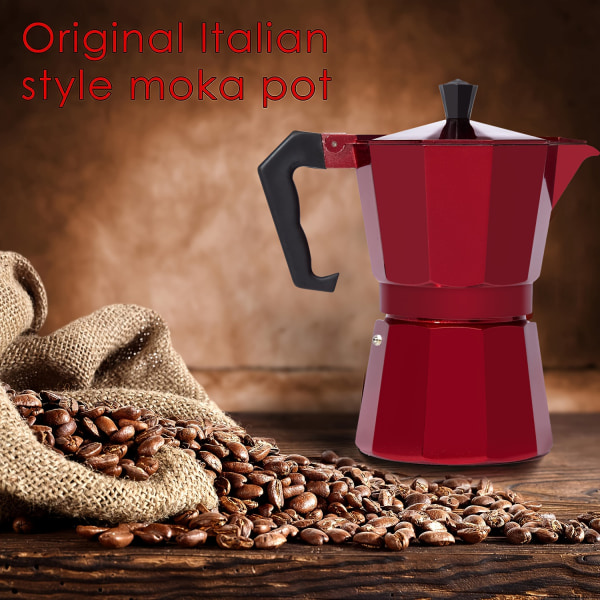 1 st, Espressobryggare spishäll, 1 kopp/2 kopp/3 kopp/6 kopp/12 kopp röd klassisk spishäll Espresso- och kaffebryggare, Moka-kanna för italiensk och kubansk kafébryggning