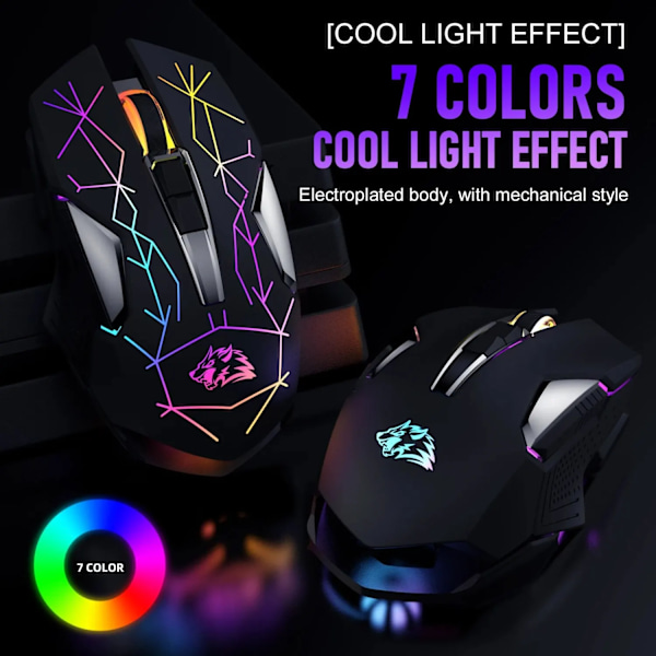 X18 Trådløs Gaming Mus Genopladelig med Rainbow RGB Baggrundsbelyst Optisk Sensor og 3 DPI Ergonomiske Gamer Mus til Windows Mac BLACK