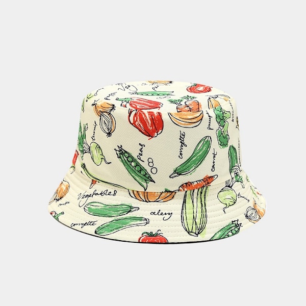 2024 Ny Kreativ Tryk Grøntsagsmønster Spand Hat Kvindernes Sommer Udendørs Casual Sol-Proof Hat All-Matching Pool Hat Tomato Pattern Black M（56-58cm）