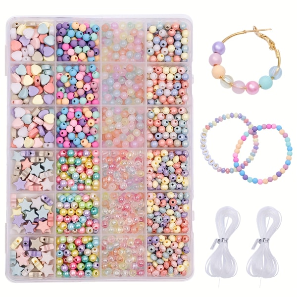 1000 st 24 girds färgglada plastpärlor med 2 st pärlor elastiskt rep för kreativt mode DIY Armband Halsband Hantverk Smyckestillbehör