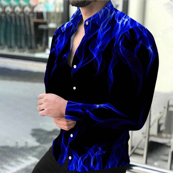Långärmade hawaiianska skjortor Brandskjortor Modeskjorta för män Blue Flame Beach Blus Herrkläder Enkelknäppt Camisas Unisex FSF5J232015H 3XL