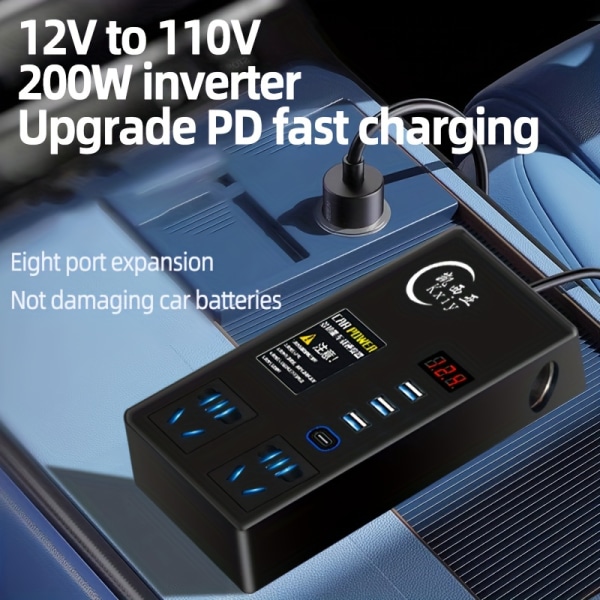 200W bilväxelriktare: 12V DC till 110V Power Converter med LED-skärm och 3 USB 1 PD-portar för snabbladdning Black Digital Display