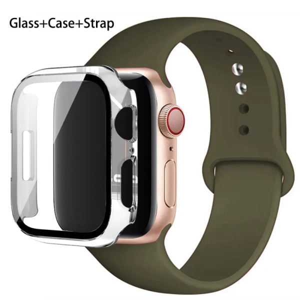Glas+ Case+ Rem För Apple Watch -band 44mm 45mm 42mm 41mm 40mm 38mm Silikonarmband iWatch-serien 8 9 7 6 5 4 3 SE 34 dark olive 41mm series 7 8 9