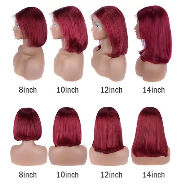 180 % densitet Burgundy HD Transparent Kort Bob Ben Rakt brasilianskt människohår 13x4/4x4 HD Spets Frontal Mittdel Bob Peruk 4x4 Closure Wig 12INCHES