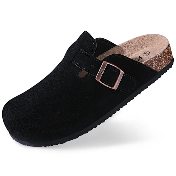 Crestar Trendy Clogs til kvinder og mænd - Unisex ruskind kork fodseng hjemmesko med svangstøtte - Mode læder kartoffelsko suede-Black 41