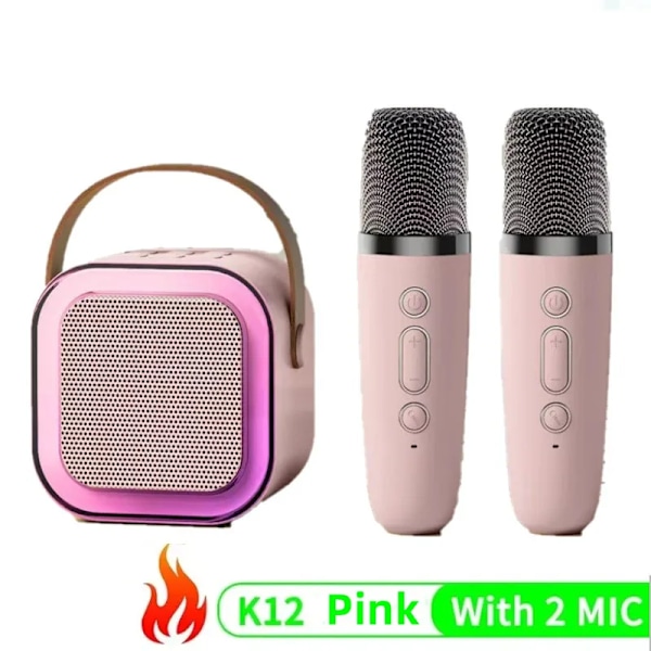 K12 Trådløs Mikrofon Karaoke Maskine Bluetooth Højttaler Ktv Hifi Stereo Lyd Rgb Farverige Led-Lamper Til Udendørs Hoveddør Pink 2 Mic