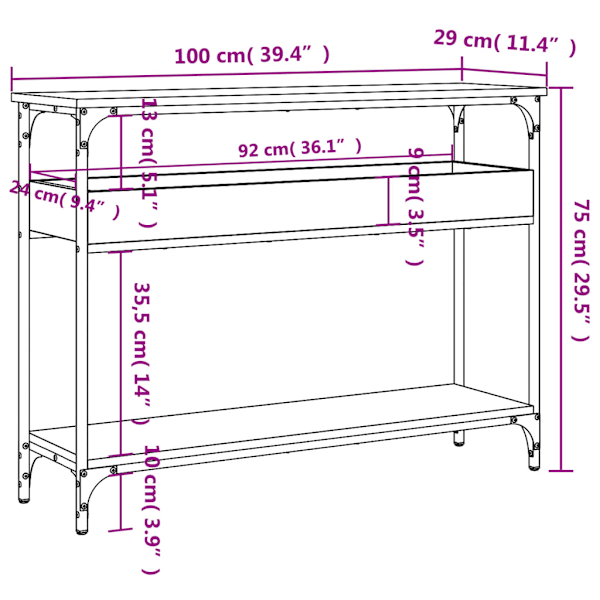 Avlastningsbord med hylla sonoma-ek 100x29x75cm konstruerat trä