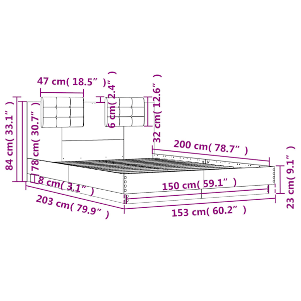 Sängram med huvudgavel rökfärgad ek 150x200 cm konstruerat trä