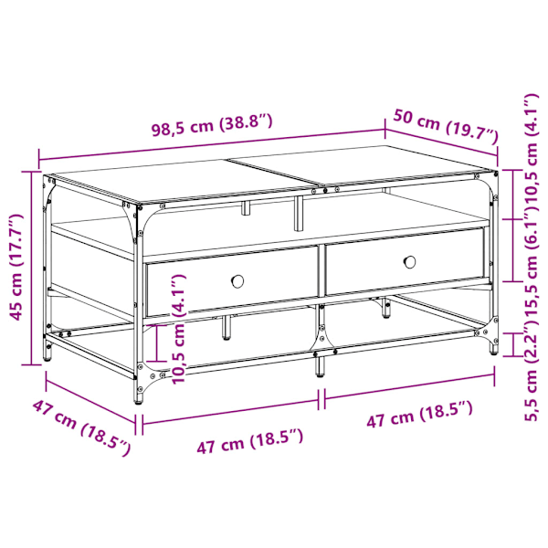 Soffbord med glasskiva rökfärgad ek 98,5x50x45 cm stål