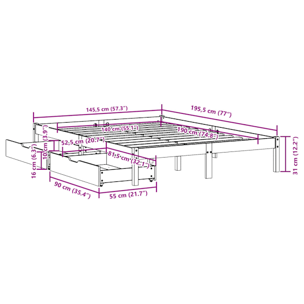 Sängram utan madrass vit 140x190 cm massiv furu