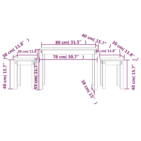 Satsbord 3 st honungsbrun massiv furu