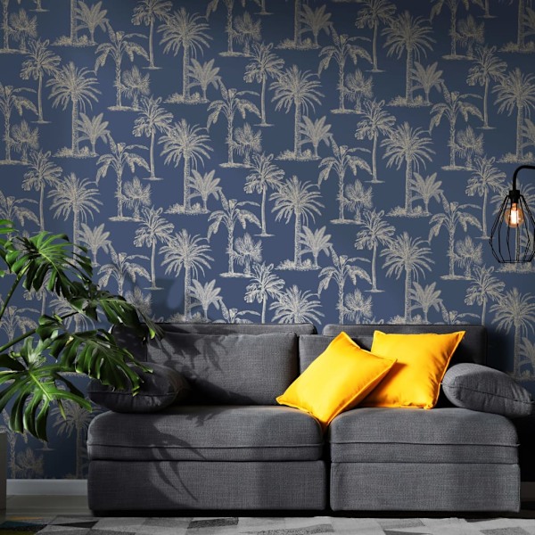 DUTCH WALLCOVERINGS Tapet tropiska träd marinblå och silver