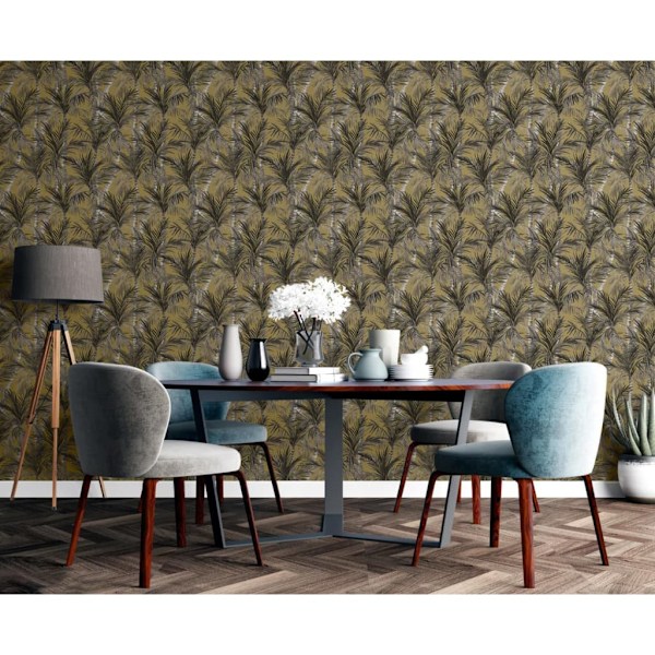 DUTCH WALLCOVERINGS Tapet Palm Trees guld och svart