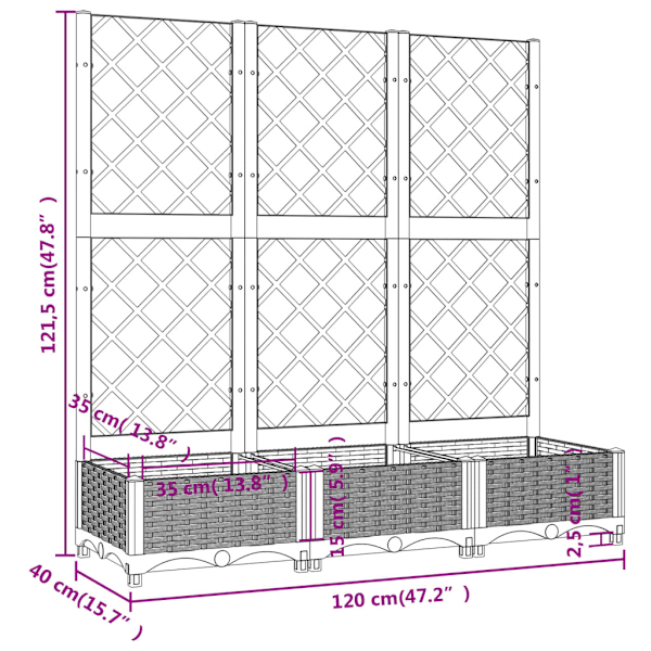 Odlingslåda med spaljé ljusgrå 120x40x121,5 cm PP