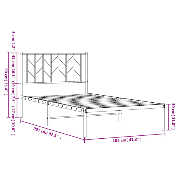 Sängram med huvudgavel metall vit 100x200 cm