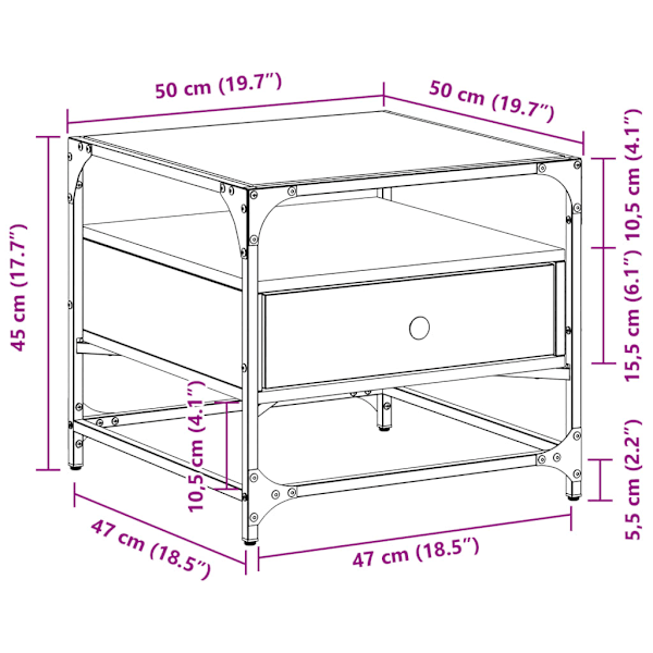 Soffbord med glasskiva sonoma-ek 50x50x45 cm stål