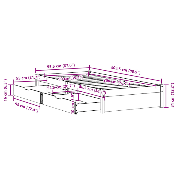 Sängram utan madrass vit 90x200 cm massiv furu