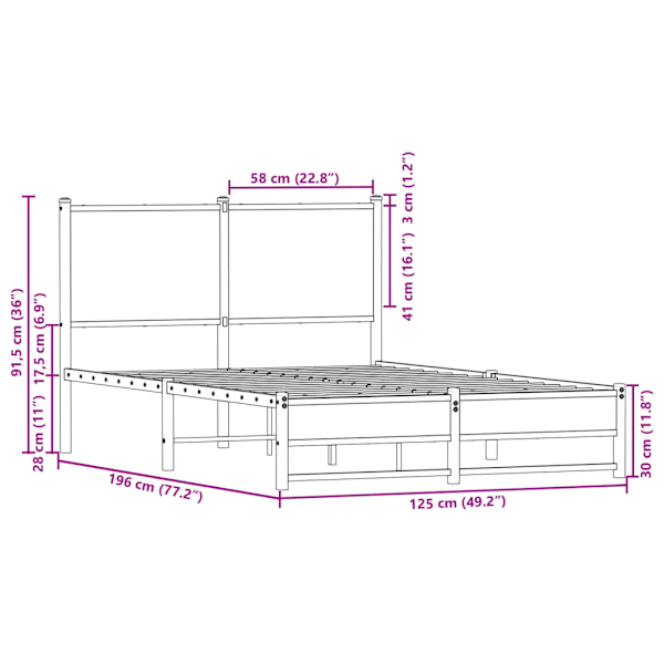 Sängram utan madrass metall rökfärgad ek 120x190 cm