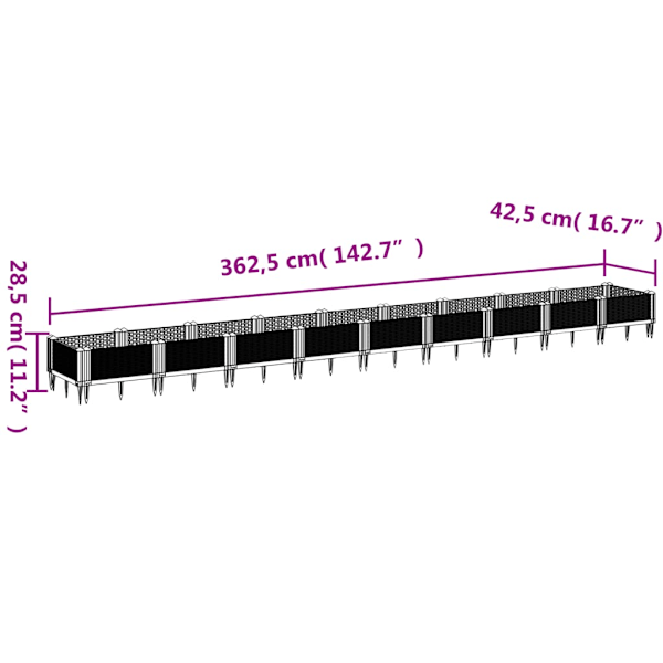 Odlingslåda med piggar svart 362,5x42,5x28,5 cm PP