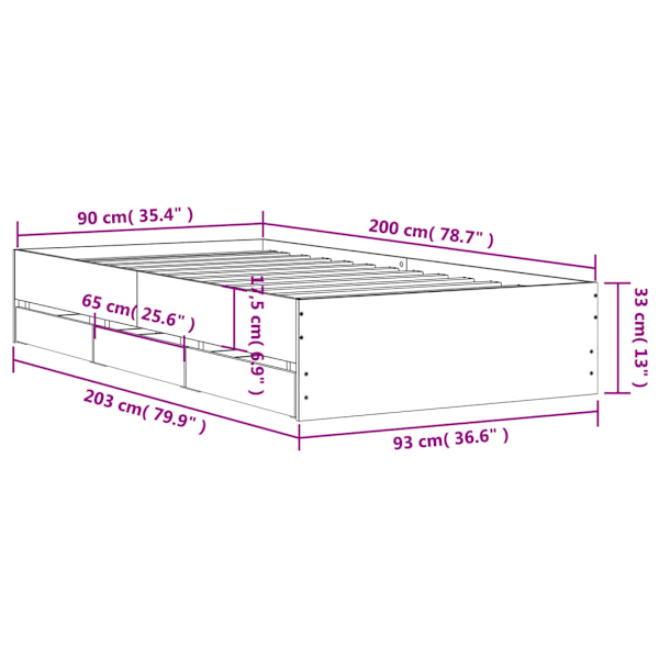 Sängram med lådor rökfärgad ek 90x200 cm konstruerad trä