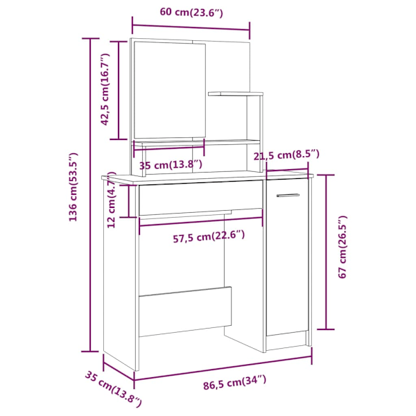 Sminkbord set vit 86,5x35x136 cm