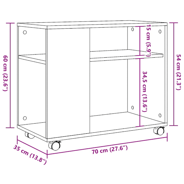 Sidobord med hjul rökfärgad ek 70x35x60 cm konstruerat trä