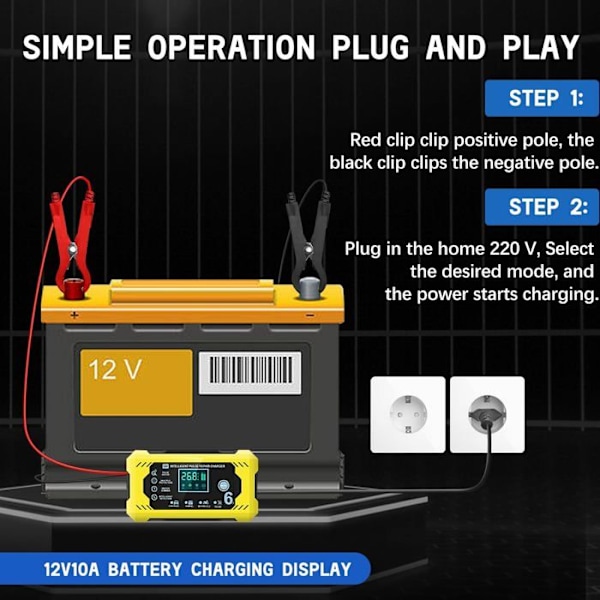 12V 6A Intelligent Batteriladdare, Motorcykelladdare med LCD pekskärm för bilar, lastbilar och motorcyklar