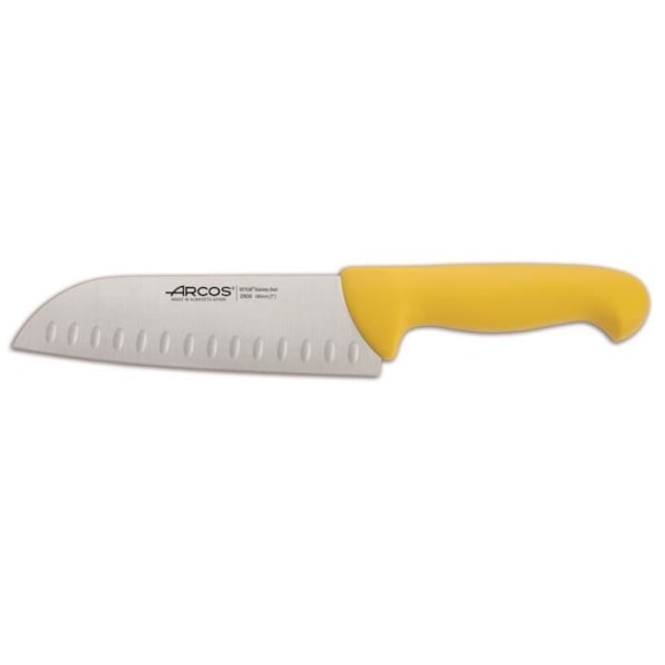 Santoku kniv Arcos 2900 - Prof 290600 med lommer i Nitrum rustfrit stål og ergonomisk gul polypropylen mango med klinge