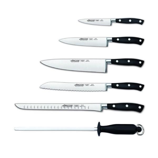 Blok med 5 Riviera Arcos smedede knive + 1 riffel