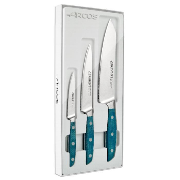 ARCOS Brooklyn - Æske med 3 knive (100 / 150 / 190 mm) - Rustfrit stål / Blå Micarta
