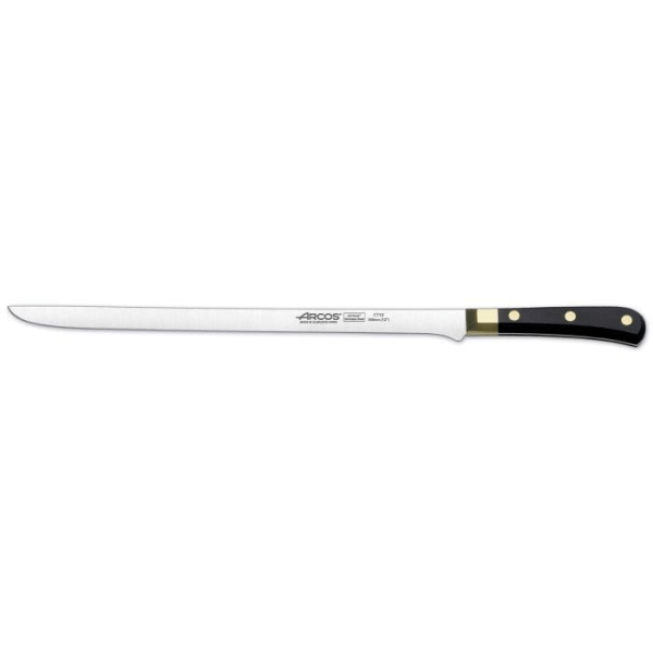 Traditionell skinkkniv i rostfritt stål blad svart och guld skaft Regia-30cm