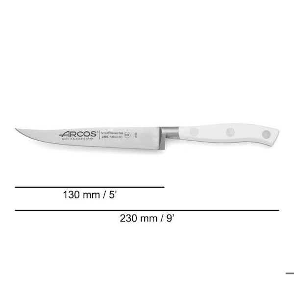 Arcos Riviera White 230524 kaulanauhaveitsi Nitrum Steelistä, polyoksimetyleenimangolla ja 13 cm:n terällä.