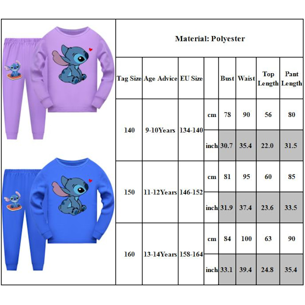 2 stk. Børne Pyjamas Stitch Langærmet Pullover Sæt Nattøj I Light blue 150cm
