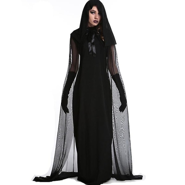 Svart hettekledd tyllkappe - Lang chiffon middelaldersk nettkjole Vampyrbrud Sheer Cloak Kostyme for voksne og tenåringer M